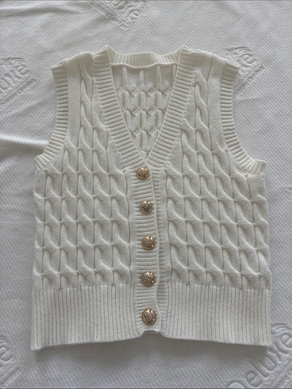 Cream Cable-Knit V-Neck Sweater Vest with Gold Buttons